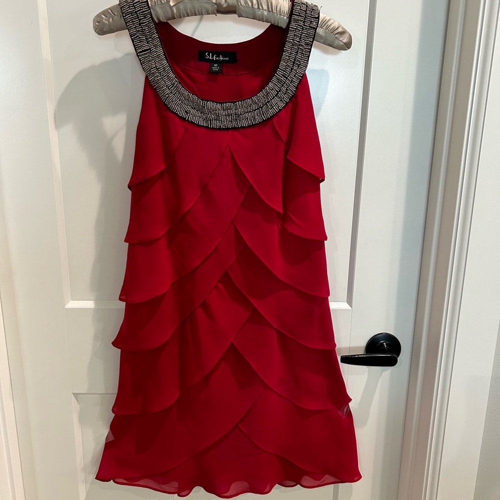 S.L.Fashions-4P Red Dress-Silver Beaded Neck w Ruffles